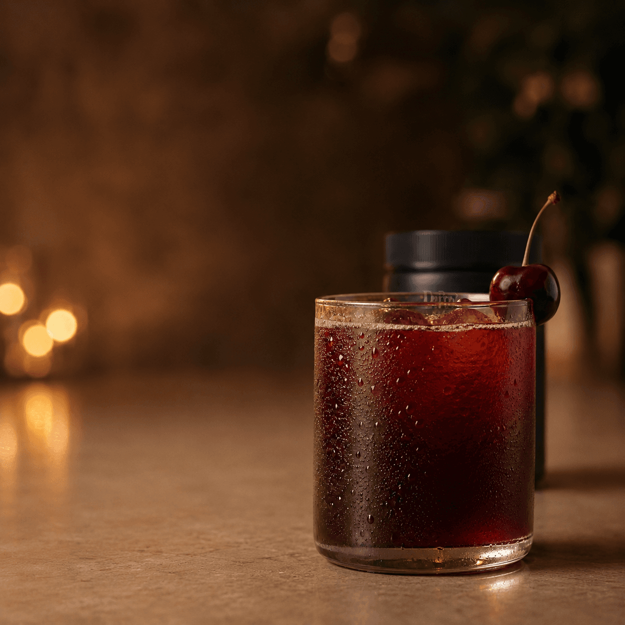 Pre-production concept: a glass of ruby Tart Cherry drink with condensation in sharp focus, the Dōpo tub soft-focus in warm amber bokeh behind it.