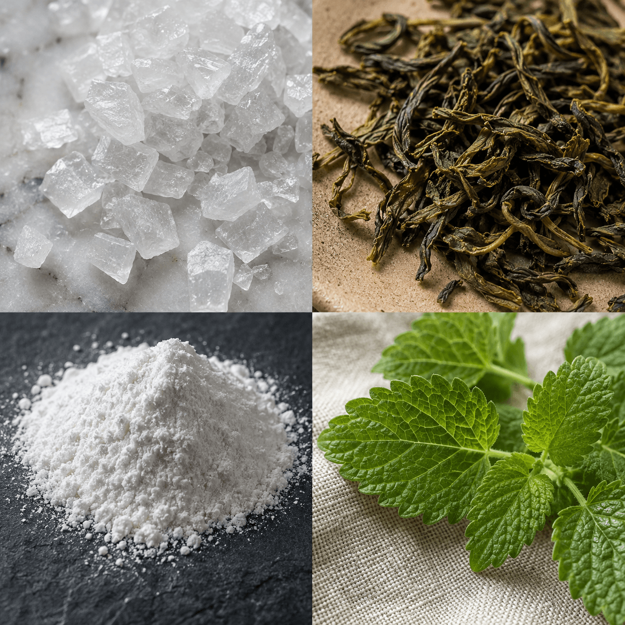 Four raw ingredients, clockwise from top left: glycine crystals, green tea leaves (the source of L-theanine), a fresh lemon balm leaf, and magnesium powder.