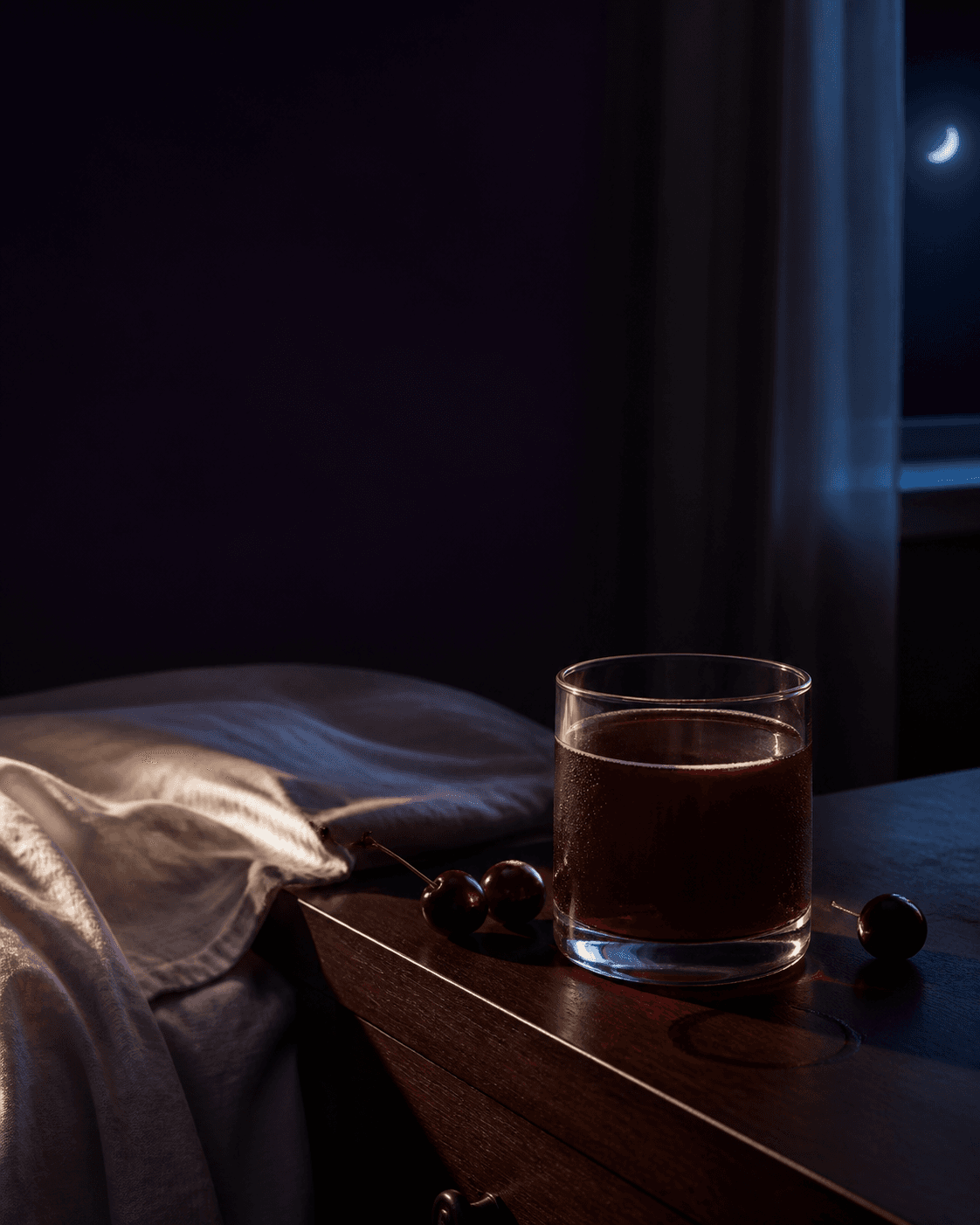A glass of ruby Dōpo on a nightstand beside a bed and fresh cherries, with moonlight through the window