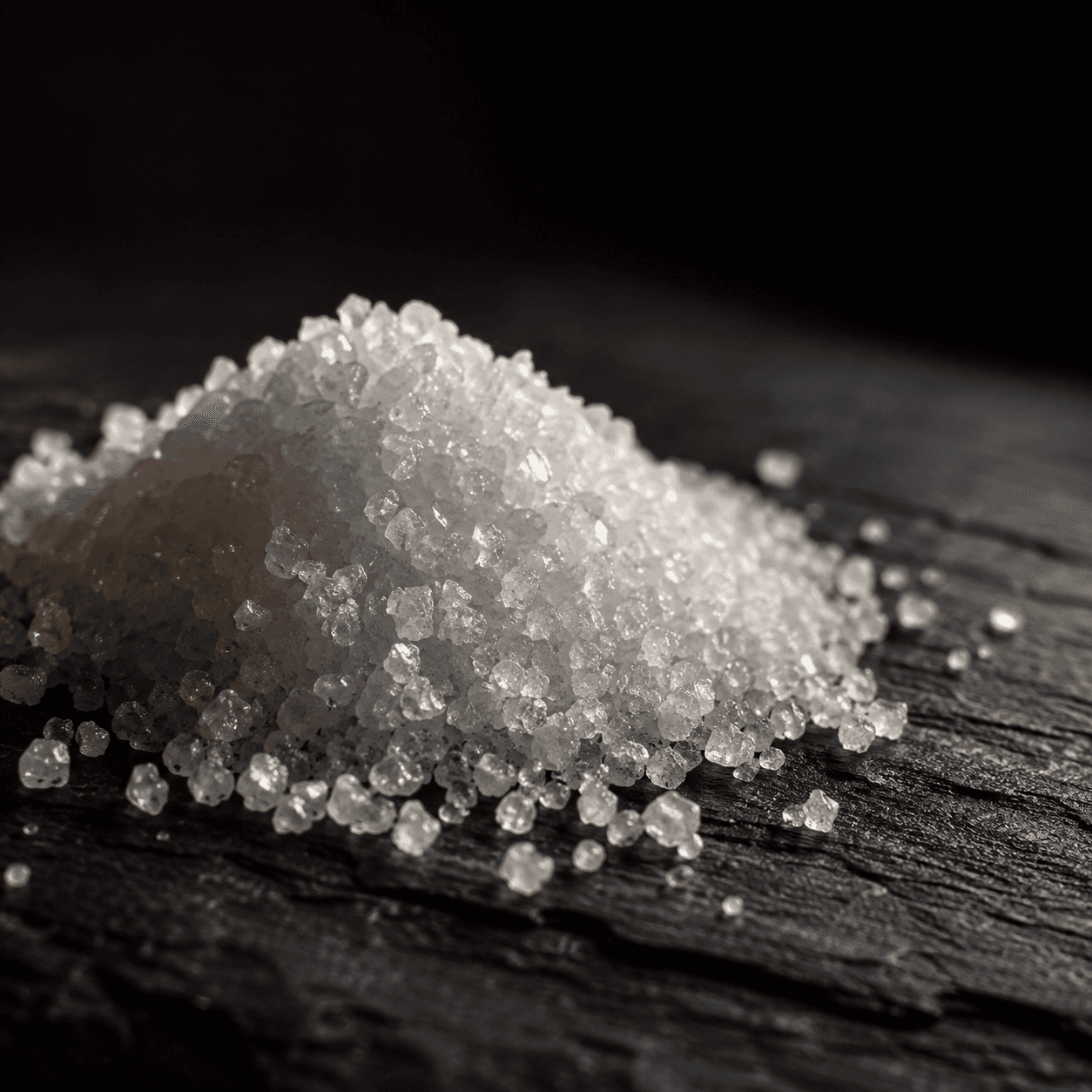 Macro shot of fine white glycine crystals on dark charcoal wood, warm raking light