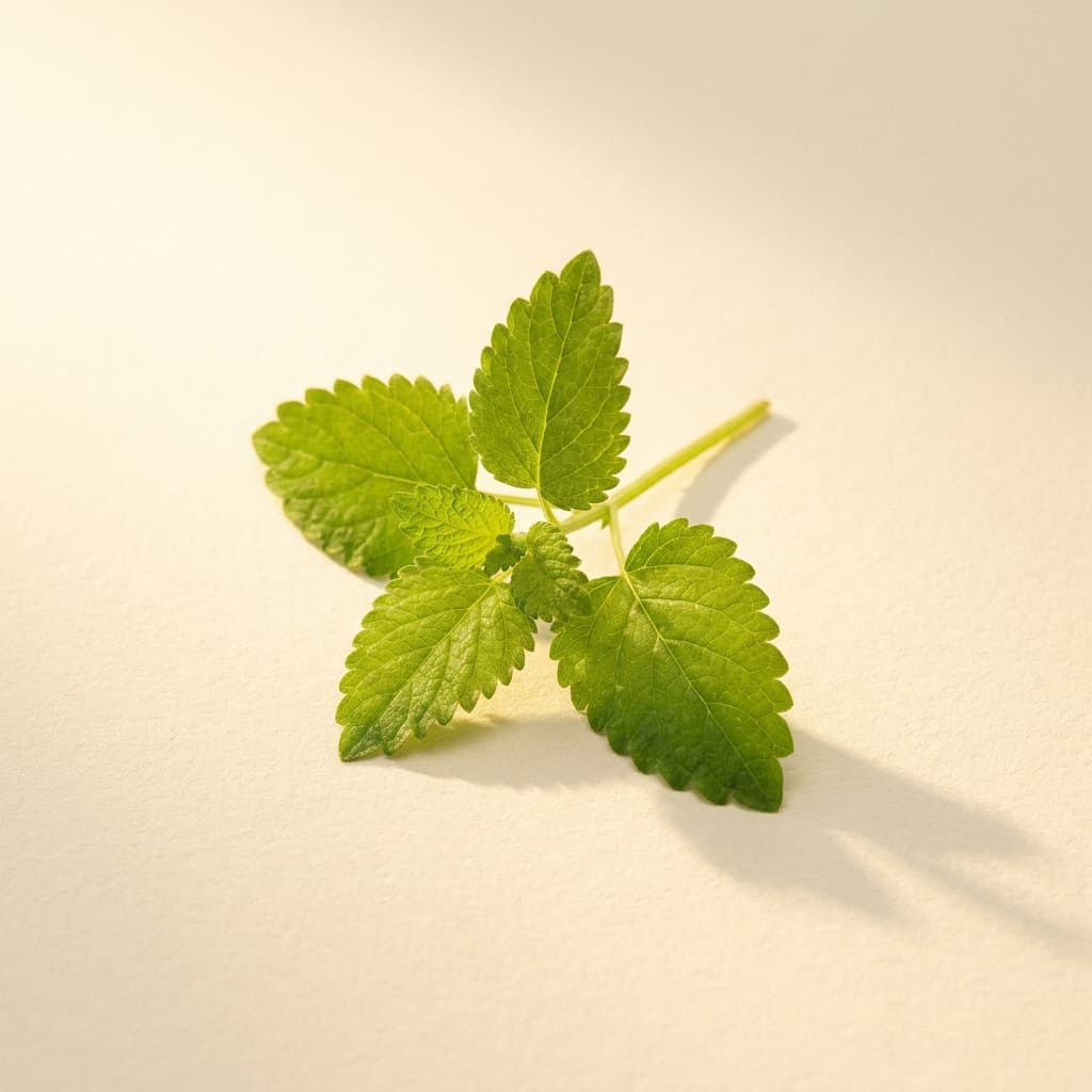A fresh sprig of lemon balm on warm paper
