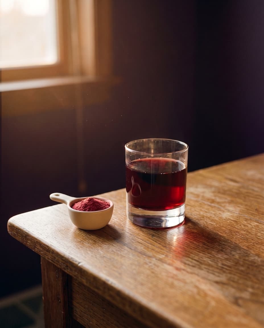 Pre-production concept rendering of a tumbler of deep ruby Dopo beside a scoop of tart cherry powder