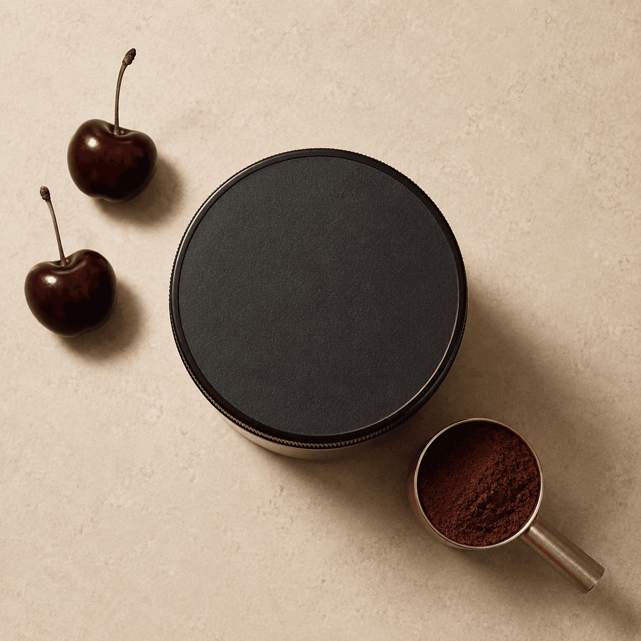 Pre-production Dōpo tub shown top-down beside cherries and a scoop of tart-cherry powder